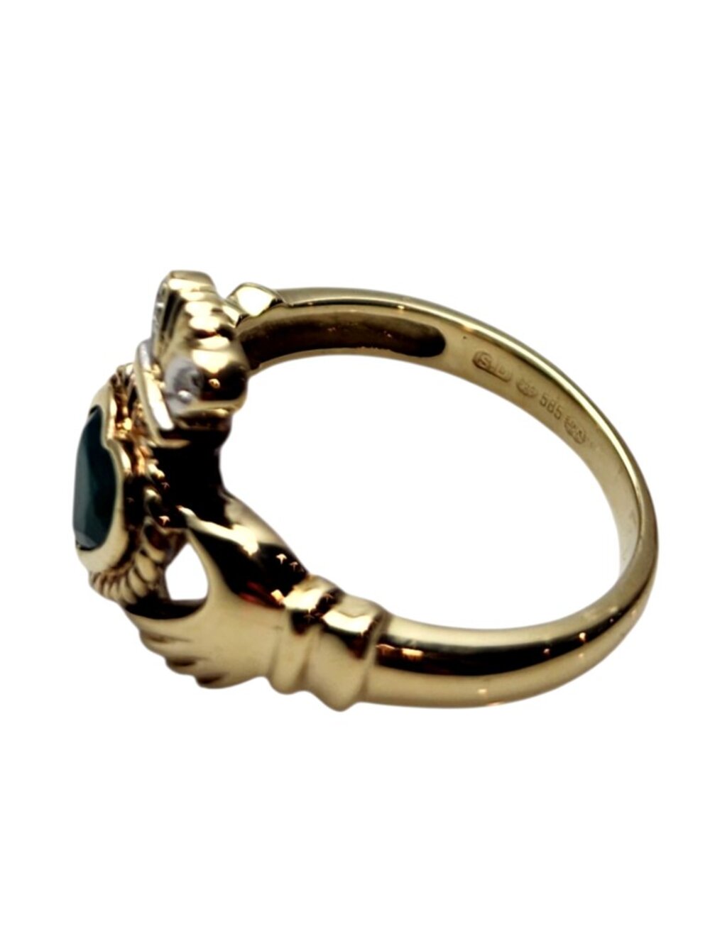 14K Yellow Gold Green Stone Diamond Heart Claddagh Ring Size 6#25841 - Picture 4 of 5